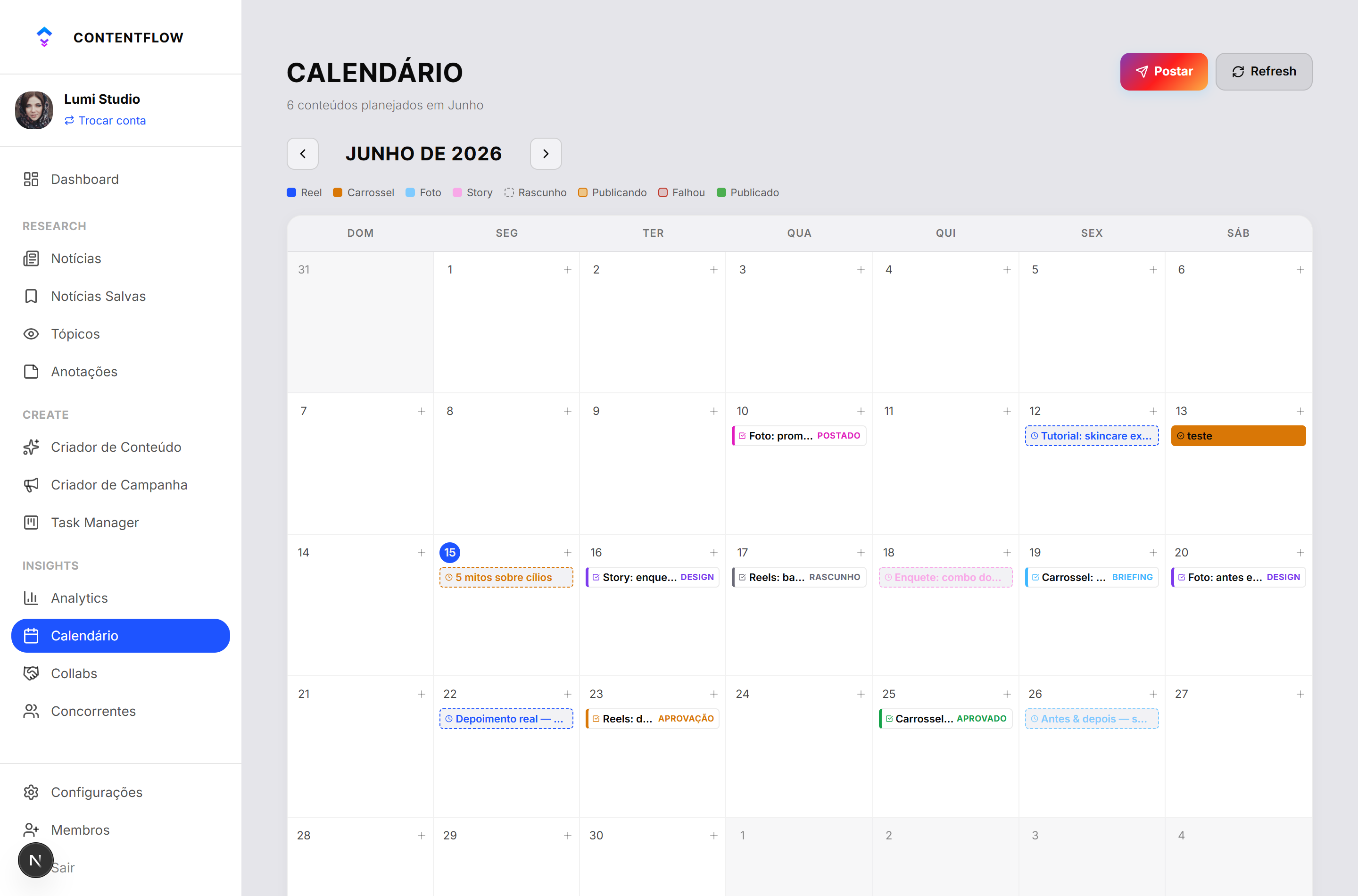 Print do app — calendário de conteúdo